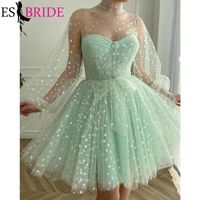 Party Dresses Mint Green Tulle Short Prom Illusion High Neck Long Sleeves Graduation Dress Formal Evening Gowns