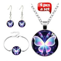 4Pcs Necklace Bracelet Earrings Set Blue Butterfly Art Po Tibet Silver Color Jewelry Fit Women Fashion Charm Jewellery &