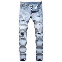 Men' s Jeans Fashion Zip Leggs Ripped Knee Hole Light Bl...
