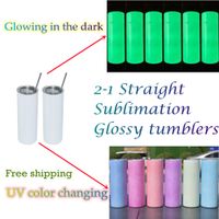 20 oz Süblimasyon Düz Tumblers UV Renk Değiştirme Parlayan 2-in-1 Skinny Tumbler Boşlukları Bardaklar Paslanmaz Çelik Su Çift Duvar Yalıtımlı Seyahat Şişe A15