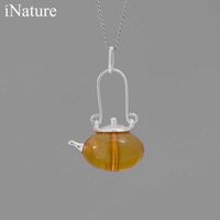 INATURE Natural Amber Teapot 925 Sterling Silver Chain Pendant Necklace For Women Fine Jewelry 210621