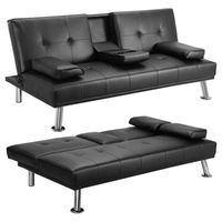 US Stock Svart Convertible Bäddsoffa med armstöd 2 kopphållare Metallben Recliner Couch Hemmöbler W36814055