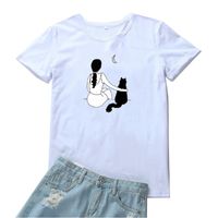 Beobachten Sie den Mond mit Katzen-T-Shirt-Frauen-süßes Druckgrafik T-shirts O-Neck-Hemd Femme Baumwolle Casual Camisetas Mujer-Frauen-T-Shirt
