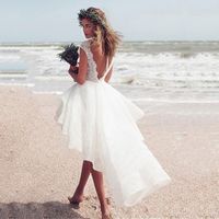 Chic Scoop Cap Sleeve Vestido de Noiva de Alto-Baixo Custom Feito Backless Lace Noiva Vestido Frente Curto Dianteira Vestido Bridal