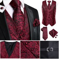 Men's Classic Wine Red Paisley Jacquard Silk Waistcoat Vest Handkerchief Cufflinks Party Wedding Tie Vest Suit Set