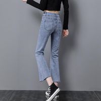 Jeans femininos de cintura alta fenda magro para as mulheres 2021Autumn Slimming Pequeno Versátil Croped Calças