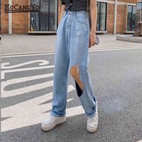 Women Hole Ripped Jeans 2020 Summer High-waisted Straight Pants Womens Casual Light Blue Vintage Wide-leg Trousers