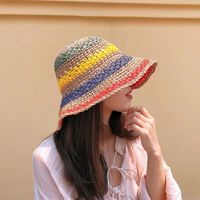Bucket Hat Elegant Straw Femenino Verano Siete Color Raiow Sombrilla Plegable Arte Beach Pescadores
