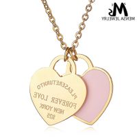 T family star same 304 stainless steel peach heart enamel clavicle chain Double Heart Pink Enamel Necklace female