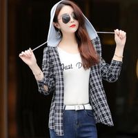 Kadın Bluz Gömlek 2022 Sonbahar Harajuku Kadınlar Artı Boyutu Kapşonlu İpli Damla Omuz Ekose Öğrenci için Uzun Streetwear Tops