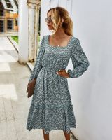 Casual Dresses Vintage Long Sleeve Green Floral Dress For Wo...