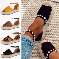 Summer Super High Heels Ladies Casual Women's Pearl Strap Ankle Leopard Platform Wedges Sandals Roman Shoes #68