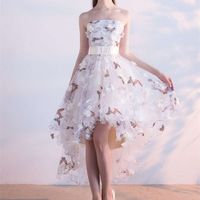 Высокие низкие цветочные вышивки выпускные платья 2019 a-line сопоставленные лук Sash 3D цветочные бабочки без бретелек вечерние платья формальные Pageant PageS P203