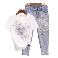 Letnia Moda Kobiety Haft 3D Kwiat Koszulki Dżinsy Dwa Kawałki Ustaw Przypadkowy Dziura Denim Spodnie Dżinsowe Kawałek Damski kawałek