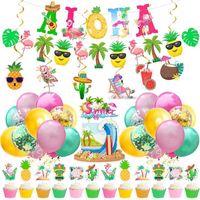 Hawaiian Party Decorations Balloons ALOHA Bunting Banner Palm Leaves Cake Topper Summer Tropical Luau Flamingo Party Supplies