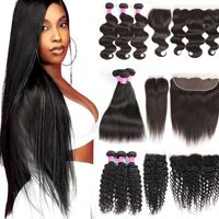 30 32 34 inches Human Virgin Hair Bundles with Lace Closure Straight Body Deep Water Wave Kinky Curly Weave Extensions Brazilian Remy Weft For Black Women Wet And Wavy