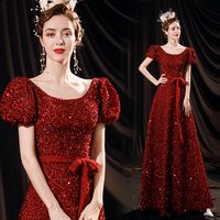 2021 Elegante rode bubbel mouw prinses jurk met boog ontwerp Crystal pailletten bling schitterende grote kralen avondjurken voor bruidstoast of landingsmode