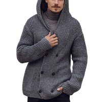 Suéteres para hombres Hombres Chaquetas Otoño e invierno Doble Pecho Cardigan Suéter con capucha Color Sólido Manga Larga Chaqueta de punto