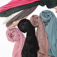 Lenços moda mulheres bolhas chiffon lenço com diamante studs pérolas xailes simples envolve a cor sólida muçulmana hijab