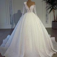 Dubai Ball Gown Wedding Dresses Glitter Long Sleeve Bridal G...