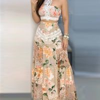Fashion Women Two Piece Set Party Wear Floral Lace Hem Cropped Top & Maxi Skirt Sets 220120