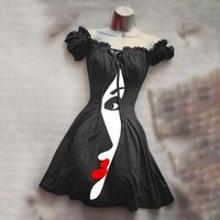 Casual Dresses Black Gothic Mini Dress Women Summer Pleated Sleeve Heart Neckline Skull Print Japanese Lolita Princess Punk