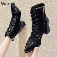 Boots Wertzk Весна / Осень Обувь Женщина 2021 Горный Хрусталь Блокировка Слишком мягкая Кожа Женщины Верений Свины Zip Большой Размер Black1