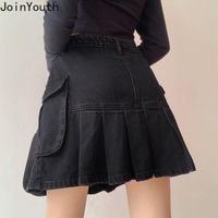 Saias JoinyOut Plus Size Mini Mulheres Streetwear Y2K Jupe Vintage Bolso Denim Saia Plissada Cintura Alta Cintura Coreana Faldas Mujer