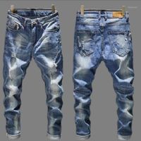 Jeans rispes hombres delgados pisos delgados pantalones del flaco pantalones estirados de la calle del hip hop se angustia pantalones de mezclilla masculina casual