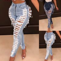 Women Sexy Ripped Hole Jeans Fashion Casual Washed Denim Pan...