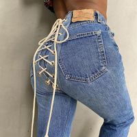 Kadın Kot Yüksek Bel Düğmesi Sıkıştırılmış Geri Lace Up Elastik Uzun Pantolon Kadın Sonbahar Kış Rahat Streetwear Parti Kulübü