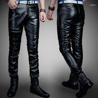 Calças de couro masculinas versão coreana do pequeno pés slim personality tend motocicleta1