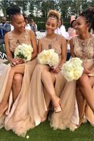 Zwart meisje afrikaanse champagne tule bruidsmeisje jurken verschillende stijl dezelfde kleur kralen bling sexy prom jurken voorzijde split bruiloft 2021