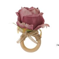 7 color Wooden Napkin Rings buckle clasp hand woven linen rope Artificial Flower Napkins Ring Hotel table DWD13480