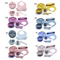 7pcs set A Free Baby Silicone Tableware Waterproof Bib Solid Color Dinner Plate Sucker Bowl And Spoon For Children 210830