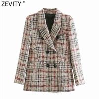 Donne Vintage Plaid Pattern Stampa Cappotto di lana Femminile Femminile Chic Manica Lunga Doppi Breatted Giacche Tops Top CT629 210416