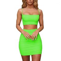 Neon Green Backless Ruched Dress Abito a due pezzi set club outfits sexy estate spaghetti cinghia cinghia top e mini gonna set1