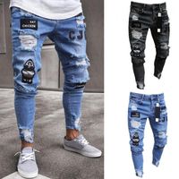 Men' s Pants Men Stretchy Ripped Skinny Biker Embroidery...
