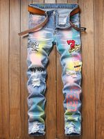 2021 Splattered inchiostro colorato stampa strappata patch jeans da uomo Piccoli pantaloni dritti sottili micro-elastici pantaloni tendenza Pantaloni versare Hommes