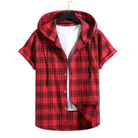 Men's Casual Shirts Summer Mens T-shirt Fashion Plaid Shirt Short-sleeved Hooded Sweater Red -40