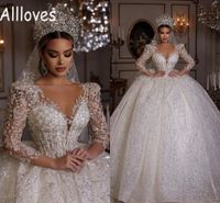 Stunning Dubai Arabic Ball Gown Wedding Dresses With Long Sleeves Sparkly Crystals Sequined Lace V Neck Bridal Dresses Princess Puffy Vestidos De Novia CL0062