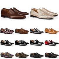 Mocasines de cuero genuino para hombre, zapatos, zapatillas rojas, parte inferior, negro, marrón, leopardo, remaches de gamuza, vestido de moda brillante, zapato de boda