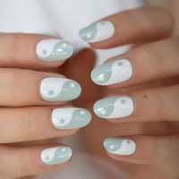 False Nails Oval Round Fake Short With Design Chinese Elements White Green BaGua Array Artificial Press On Nail Art
