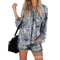 Kadın Bluz Gömlek 2021 İlkbahar Yaz Gevşek V Yaka Çiçek Blusas Artı Boyutu Kadınlar Casual Uzun Kollu Güneş Koruma Beach Womens Tops A