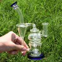 MINI Recycler Oil Burner Pipes Hookah 7.8 inch Glass Bong Percolator Shisha Cute Water Glass Pipe Clear Blue Tobacco Dab Rig 14mm Female Joint for Smoking Accessories