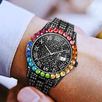 Reloj Hombre Missfox Marca de lujo Reloj Negro Rainbow Diamante Dial Cuarzo Hielo Out Out Relojes Regalo original para el hombre 2021
