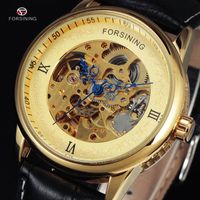 Men Male Russian Golden Skeleton Automatic Clock Leather Ban...