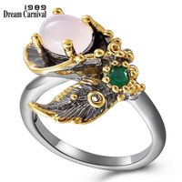DreamCarnival Fashion Pink Flower Blossom Finger Ring Women #7 8 9 Size Jewelry Black Gold Coating Engagement Rings WA11665