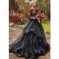 Rustic Black A-Line Wedding Dresses Vintage Gothic Lace Long Sleeve Bridal Dress Two Pieces Tiered Ruffles Piping Wedding Gowns Custom Made 2022 Vestidos De Novia