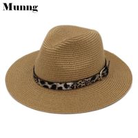 Ampla borda chapéus munng mulheres panamana chapéu de palha fedora tampão praia sol w / leopardo cinto